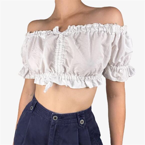 White milkmaid micro cropped top boho runched - XS from Fuchs Trachtenmoden - Picture 1 of 8